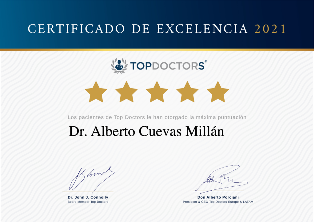 Certificado Excelencia Top Doctors España concedido al Dr. Alberto Cuevas, director médico de Clínica Cuevas Queipo