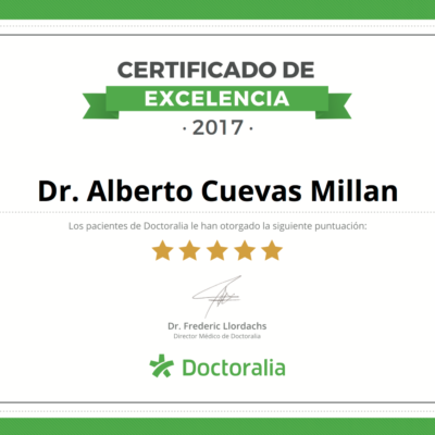 Certificado de Excelencia Doctoralia concedido por valoración excelente de pacientes en 2017